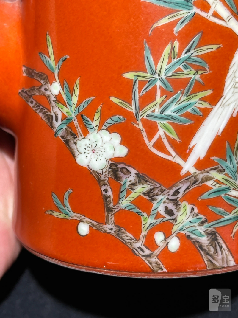 清咸丰 珊瑚红地粉彩花鸟纹执壶 - 图9